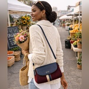 Kate Spade New York Wool & Leather Crossbody Bag Burgundy Navy Stripe Flap Purse